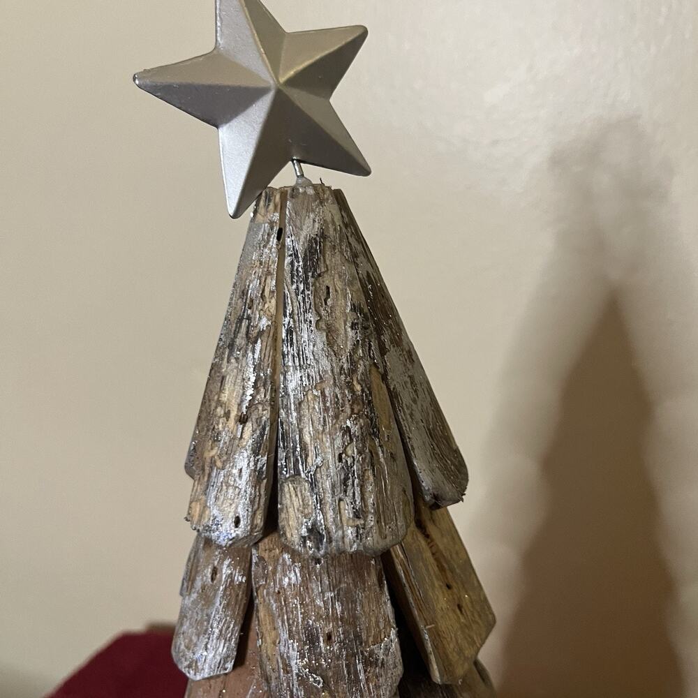 Christmas Handcrafted Tabletop Tree 14 Inches Rustic Wood With Silver Accents - Picture 8 of 9